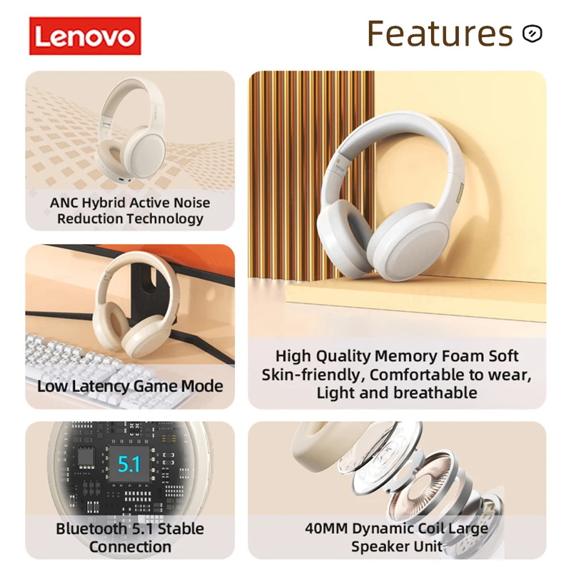 Lenovo TH30 Headphones Wireless Bluetooth 5.1 Hifi Sound Music Headset Gaming Sports Earphones HD Call with Mic Original Earbuds 2