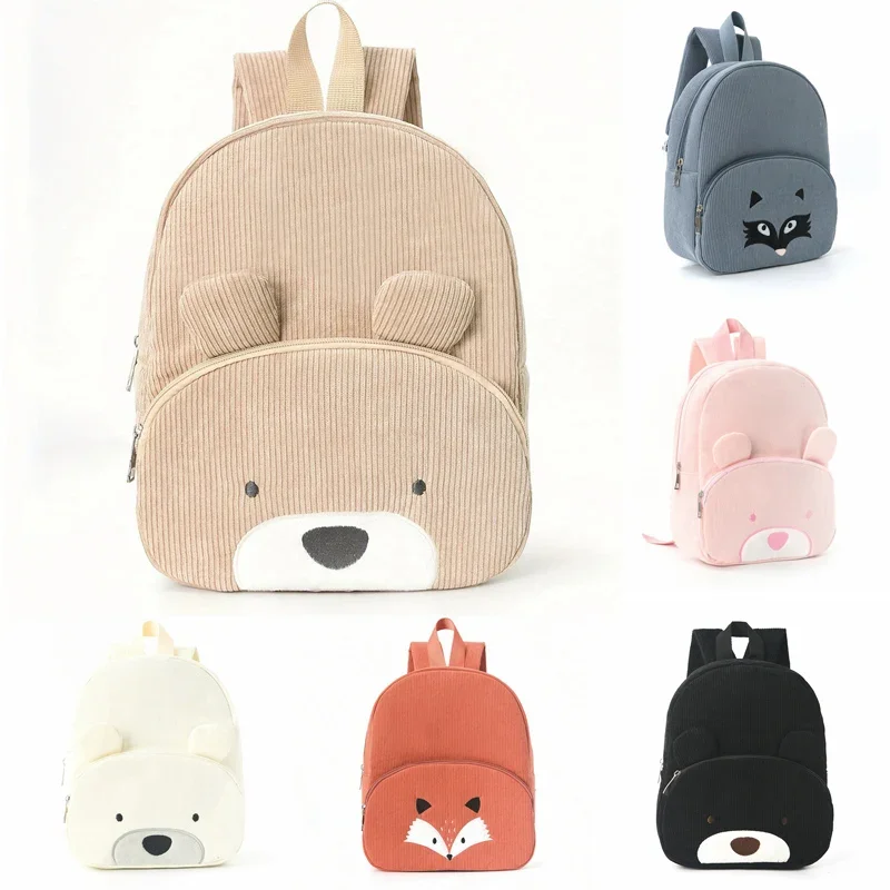 Corduroy Kids Backpack Cartoon Bear Fox Plush Bookbag for Kindergarten, Large Capacity Cute children's School Bag for Boys Girls