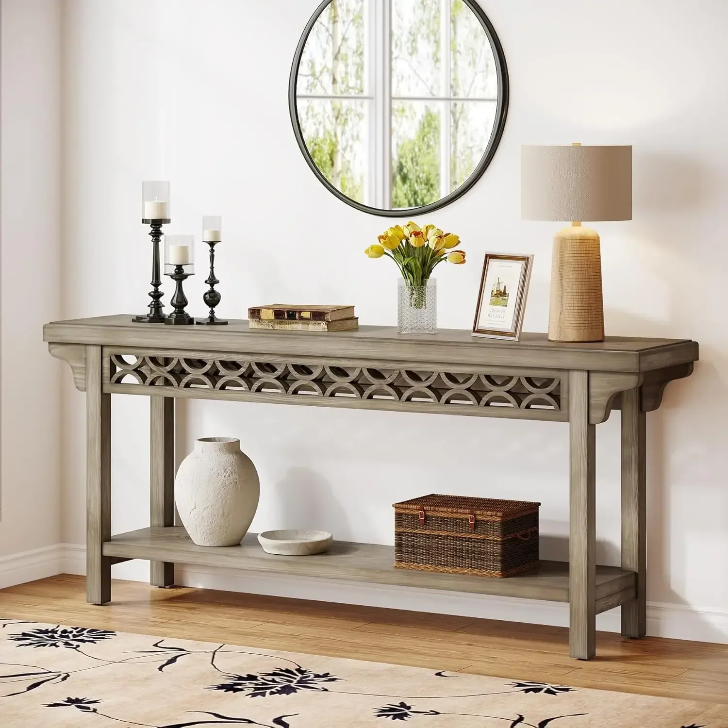 70.8-Inch Solid Wood Long Console Table, Farmhouse Entryway Table with Storage, Narrow Sofa Table Grey Couch Table for Living 3