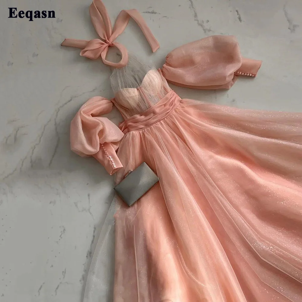 

Eeqasn блестящие тюлевые платья с длинным рукавом с буфами для выпускного вечера длиной ниже колена вечерние платья с лямкой на шее платье для ...