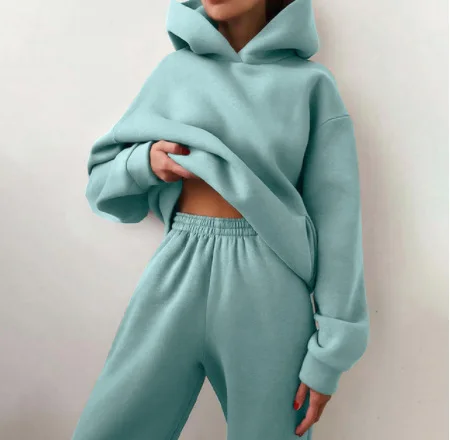 Women's Tracksuit Casual Solid Long Sleeve Hooded Sport Suits Autumn Warm Hoodie Sweatshirts and Long Pant Fleece Two Piece Sets 