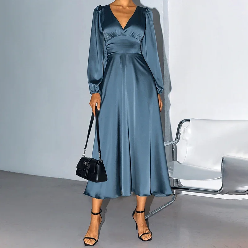 

PASSIONNÉ Women's Dress V-neck Lantern Long Sleeve High Waist Mid-length Satin Dresses Female 2023 Elegant Fashion Autumn New