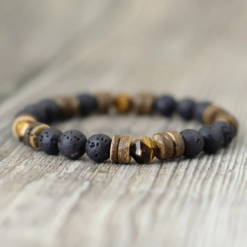 Neues handgemachtes natürliches Holzarmband für Männer 8mm Tigeraugen Vulkanstein Armband Freund Geschenk Sanskrit Pulseras Punk Schmuck – Detail 8