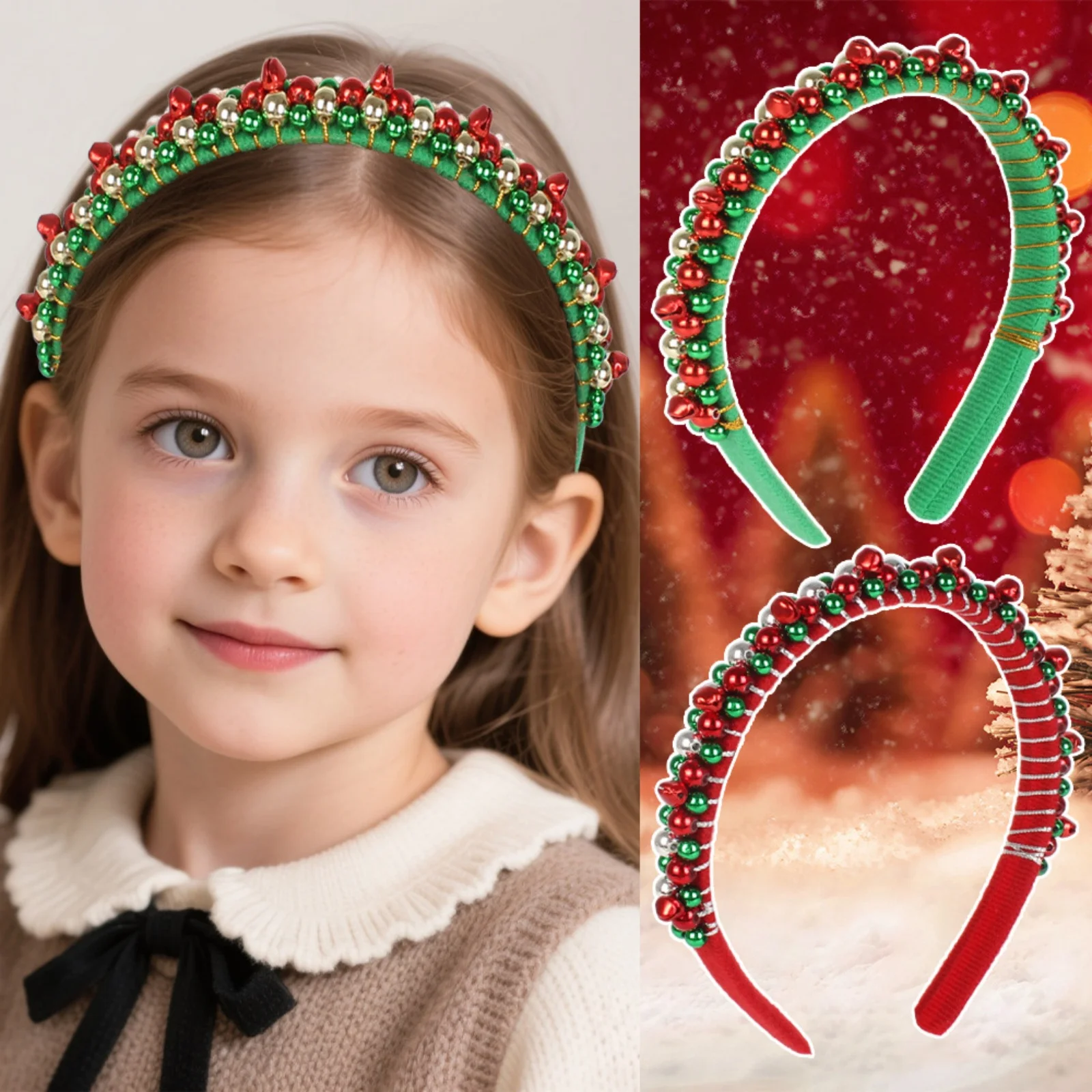 1PC Christmas Jingle Bell Headbands, Rhinestone Beaded Red Green Hair Hoops, Festive Hair Accessories For Women Girls