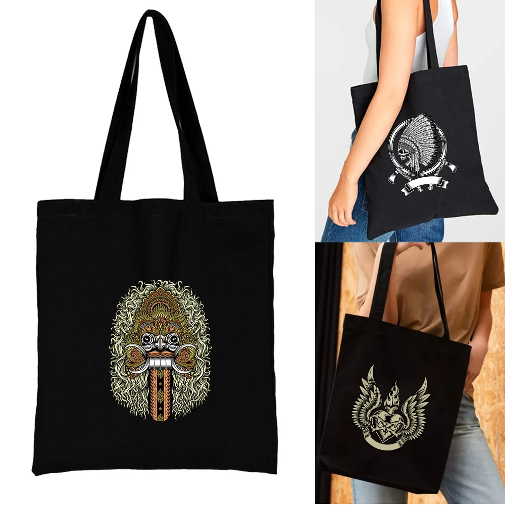 

Shopping Bag for Women Canvas Shoulder Bags Shopper Eco Handbag Commute Grocery Handbags Skull Print New Fashion Storage Tote