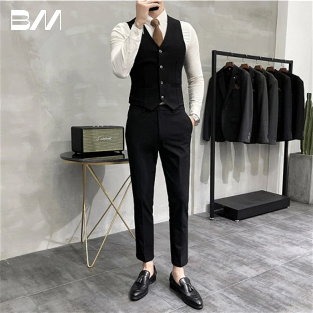 One Button Men's Suit Set 3 Piece Jacket Vest Pants Solid Grey Black Business Men Tuxedo Groom Suits For Wedding Plus Size