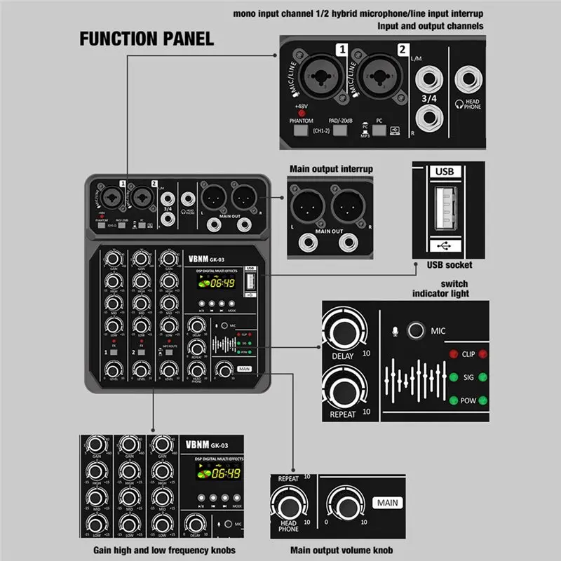 ABJF-USB/MP3 플레이어 호환 4채널 오디오 믹서 스튜디오 사운드 믹서 블루투스 DJ 콘솔 48V 팬텀 파워 (노래방용)