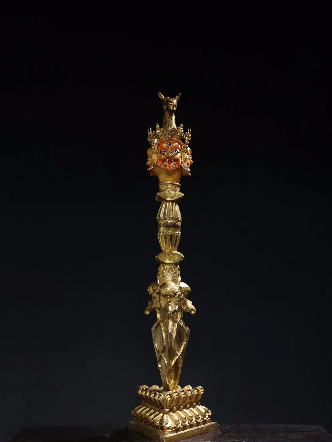 

24"Tibet Temple Collection Old Bronze Cinnabar Gilded Hayagriva Three sided Mahakala Dorje Vajra Phurpa Amulet Dharma Town house