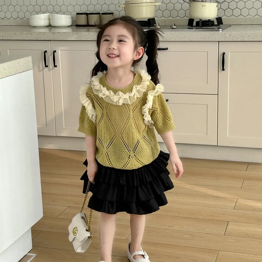 

Весенний вязаный Топ для девочек во французском стиле, летняя футболка для девочек с короткими рукавами, новый дизайн 2024