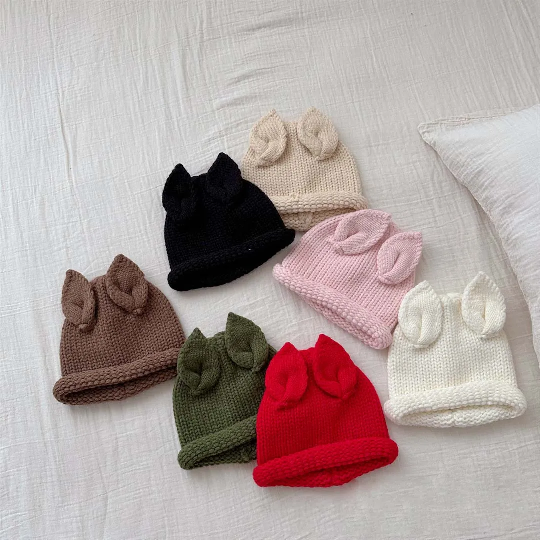 Cute Baby Knitted Hat With Ear 2023 Korea Autumn Winter Warm Solid Color Boy Girl Pullover Hat Elastic Kids Beanie Bonnet Caps