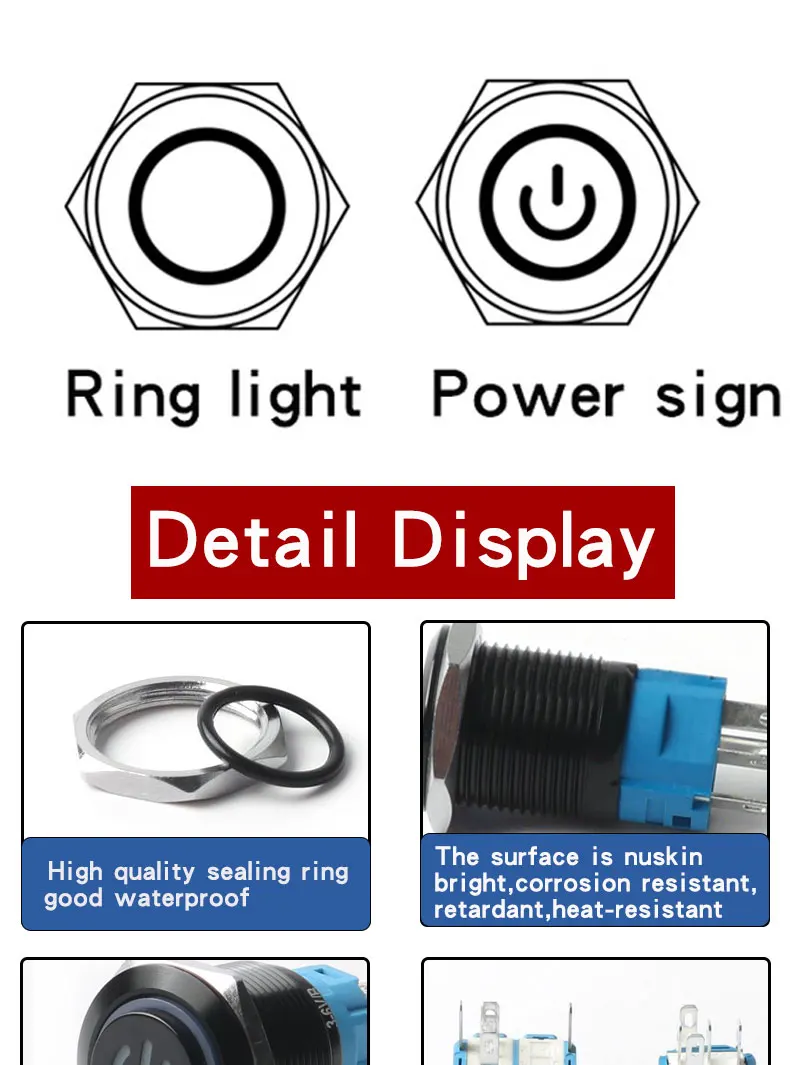 12/16/19/22mm High Head Metal Black With LED Light Waterproof Button Momentary Latching Switches With Power Mark 12V 24V 220V