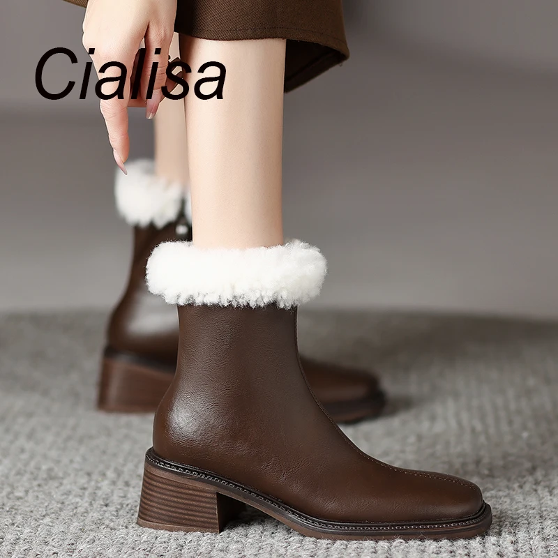 

Cialisa Ankle Boots 2022 New Winter Warm Fur Women Shoes Square Toe Genuine Leather Brown Zipper High Heel Short Boots For Lady