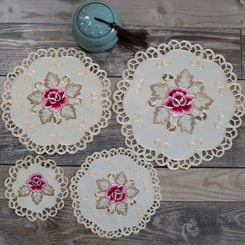 

HOT satin rose flower embroidery table place mat cloth Wedding Christmas party placemat kitchen Table decoration and accessories