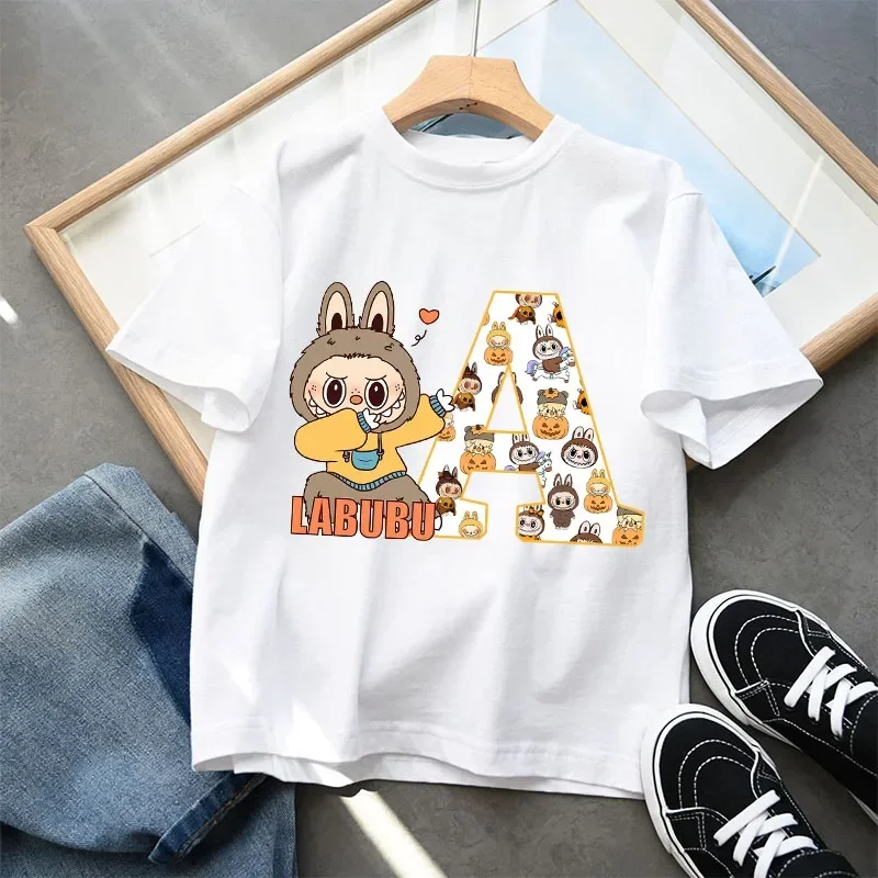 POP MART Labubu Kids Short Sleeve T-shirt Cartoon Anime 26 Letter Print Pullover Boys Girls Summer Casual Tops Loose Clothing 2