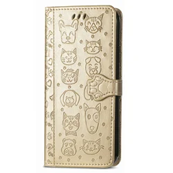 Cat and Dog Embossed Leather Flip Phone Case - iPhone 15 (Gold)