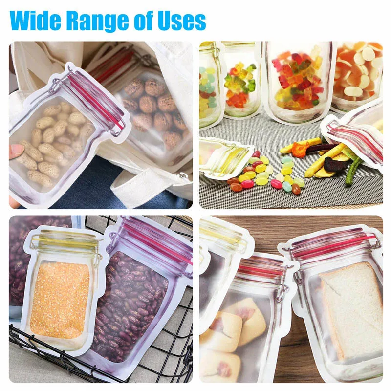 4pcs Reusable Mason Jar Bags Zipper Candy Bag Plastic Cookie Bag Waterproof Food Storage Bag Nut Sandwich Zip Lock Bags Bean Bag 5