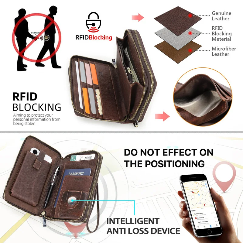 Litchi Patterned Cow Leather RFID Anti-theft Metal Double Zipper Combination Lock Travel Passport Bag  Clutch Bag Long Wallet 3