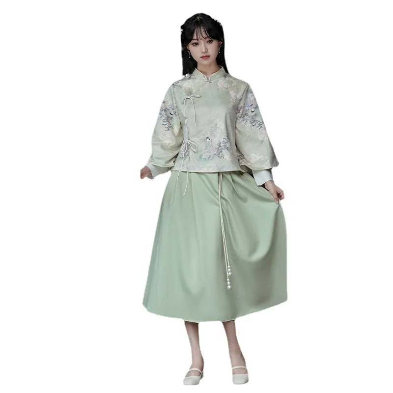 New Chinese Style Costumes Print Cheongsam Shirt Green Tang Clothes Young Girl Improved Hanfu Tops Loose Women Qipao Tops