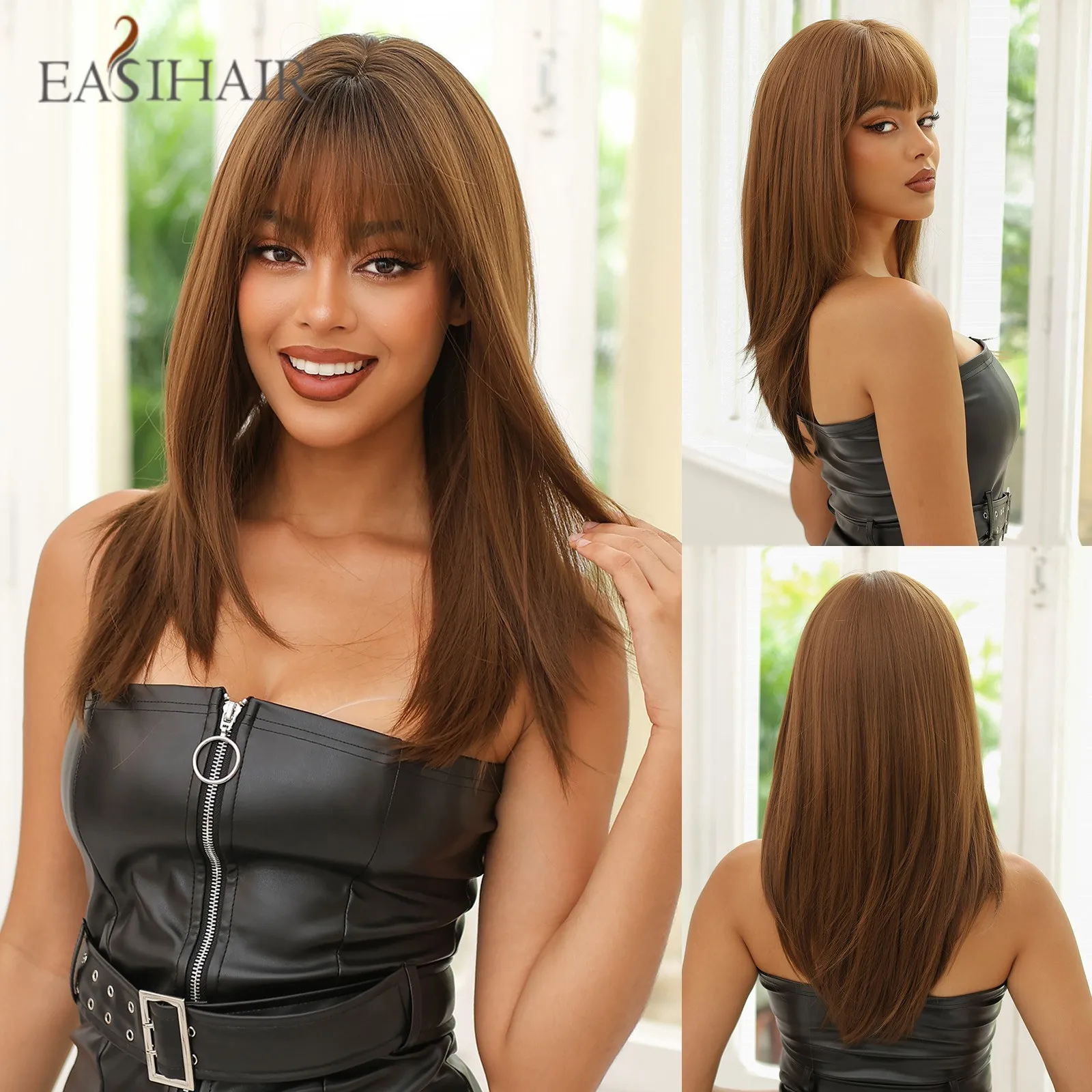 

EASIHAIR Synthetic Wigs for Women Dark Brown Wigs with Bangs Layered Cosplay Wigs Heat Resistant Medium Length Daily Wig