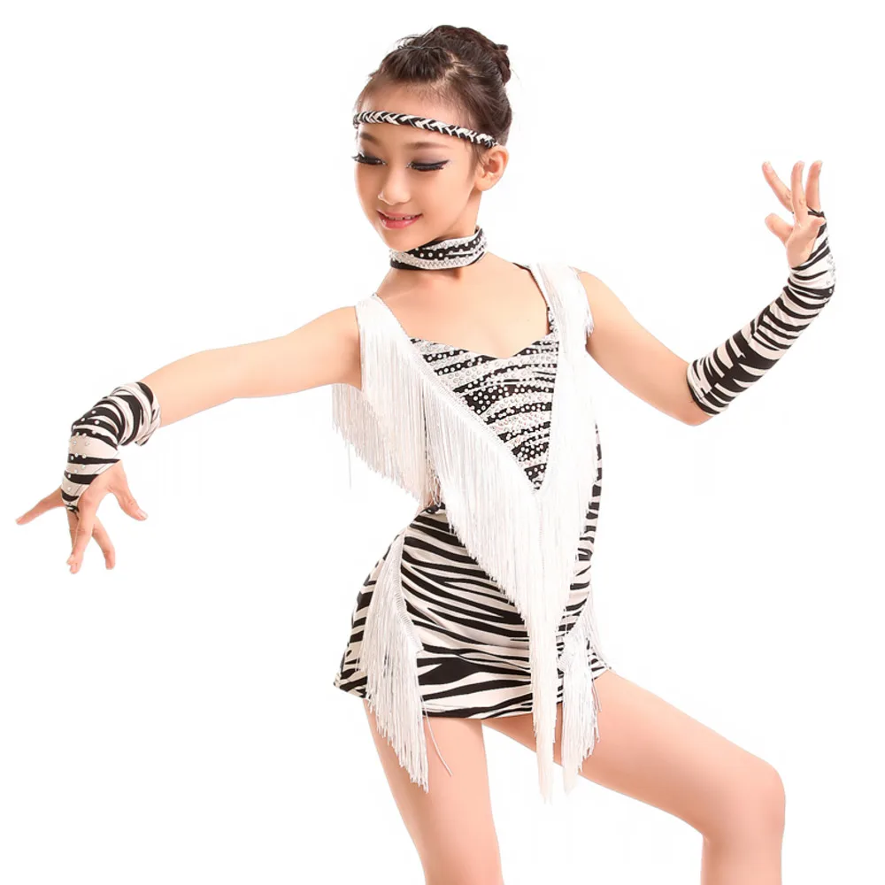 Girls Tassel Latin Dance Children Leopard Yellow Red Sequined Tango Rumba Samba Cha Cha Costumes Child Competition Costume Dress