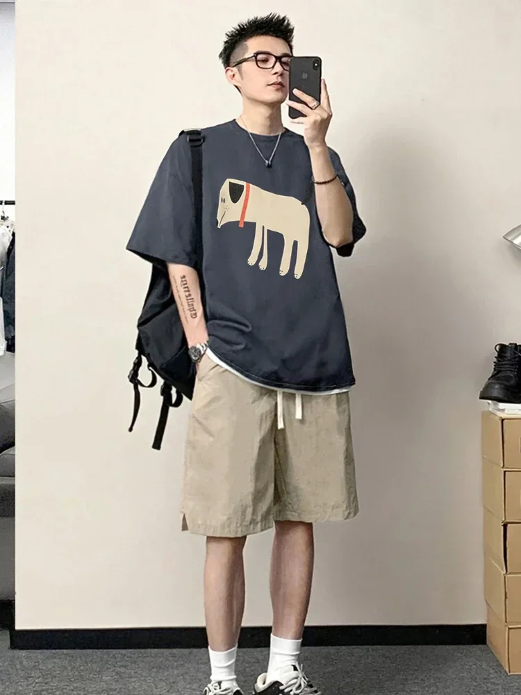 thumbnail image 1 of Conjunto de camiseta y pantalones cortos para hombre, estampado de algodón, gráfico de entrenamiento, nuevo conjunto de pantalones cortos esenciales a juego para hombre, manga corta, dos piezas, elást, 1 of 5