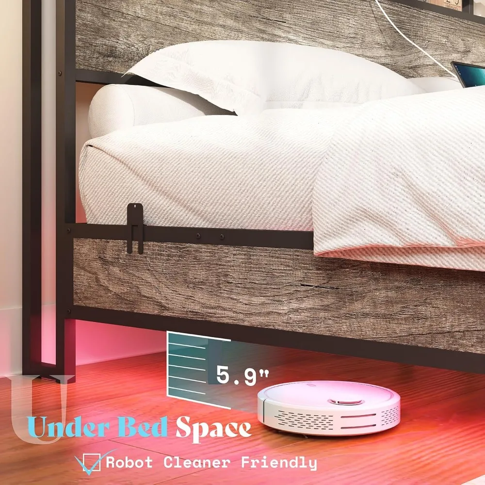 Bed Fram, King Size Floating Bed Frame with 2-Tier Storage Headboard, Metal Bed Frame with Charging Station & LED Lights 6