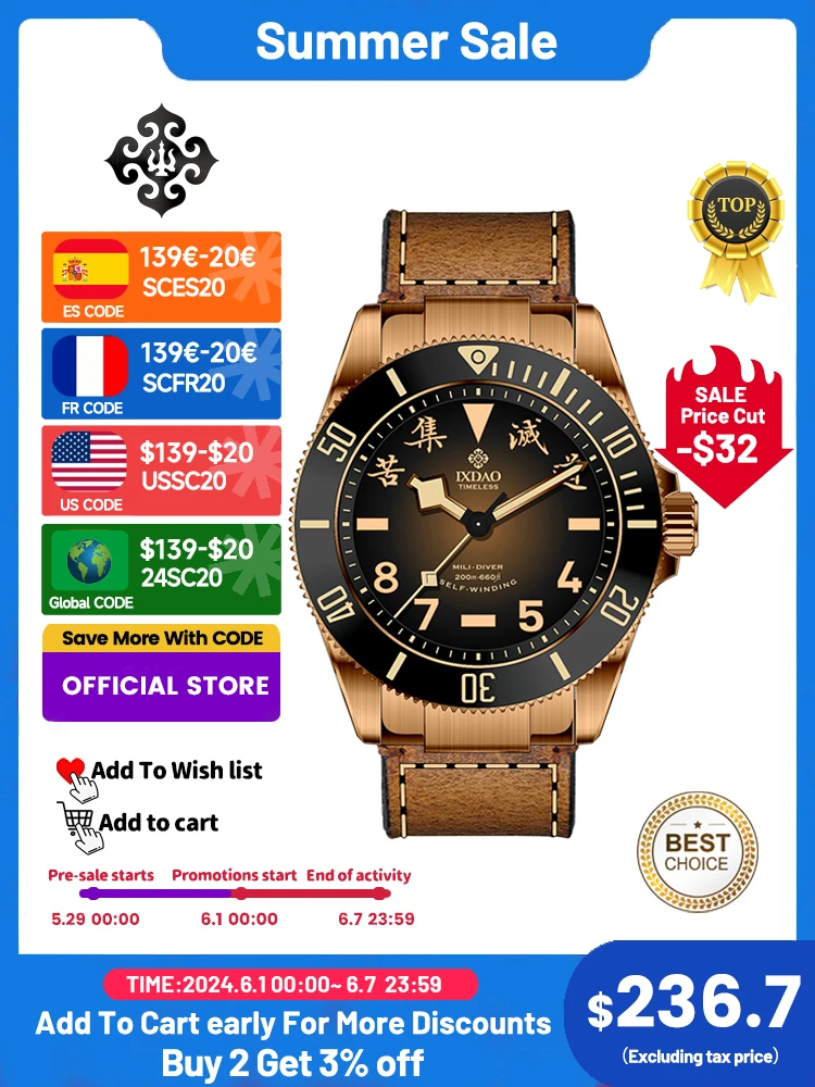 2023 New IPOSE IX&DAO Bronze Vintage Men Automatic Mechanical Watch PT5000 Luxury Sapphire WaterResistant C3 Clock reloj hombre