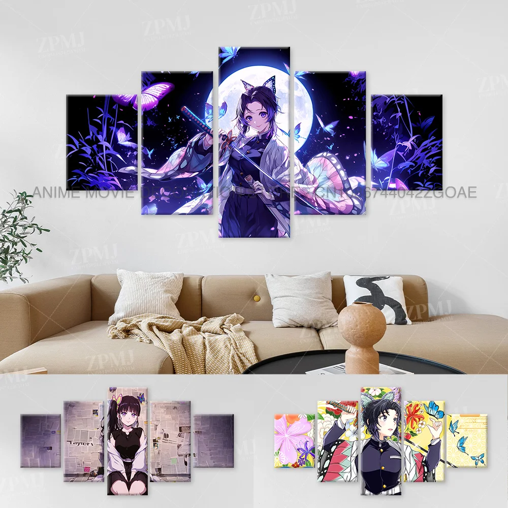 5 Stücke Anime Wandkunst Leinwand Malerei Bild Drucken Wohnkultur Dämon Slayer Kochou Shinobu Charakter Poster Zimmer Rahmenloses Wandbild