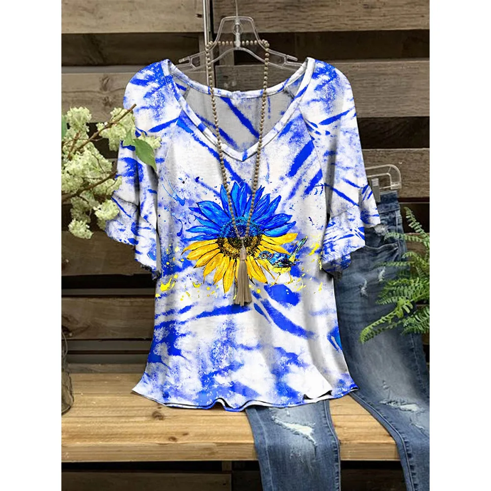 

Women Summer Tops 3D T-Shirt Loose Ruffle Vintage Tie Dye Printed V-Neck Short Sleeve Casual T-Shirt Summer Streetwear