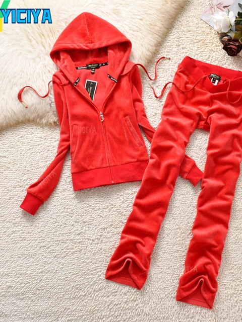 YICIYA TRACKSUIT hoodies Velvet Zipper Sweatshirt And Pants Winter women velour Pant Suit Hoodies Zipper Rhinestone velour suits RED SET