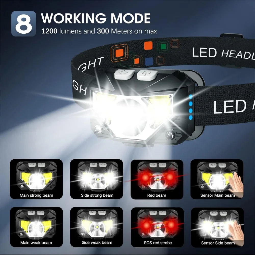 1200 Lumen Bright Headlamp Flashlight LED Rechargeable Headlight Red Light Waterproof Motion Sensor Head Lamp Fishing Head Light