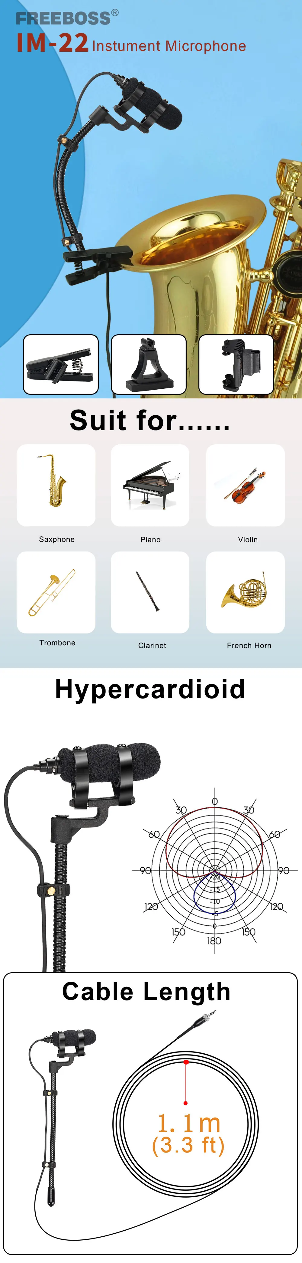 FREEBOSS 3.5mm with Nut Saxophone Mic Condencer Hypercardioid Music Instrument Wired Microphone for Trumpet Violin IM-22-L4