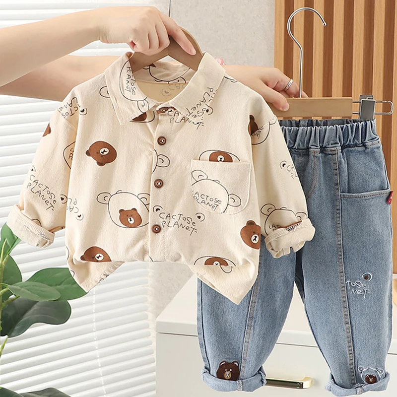Spring Autumn Children Boys Clothing Sets Baby Boys Suit Set Black Jacket Coat Plaid Shirt Denim