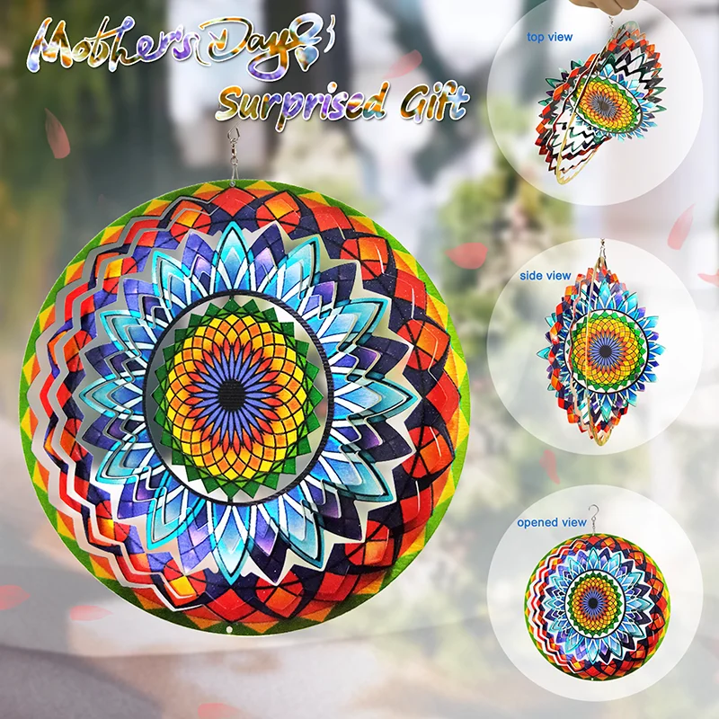 PSATHENATI Wind Spinner Mandala Sun Flower 12in 3D Stainless Steel Art Geometric Pattern Hanging Kinetic Yard Art Decorations