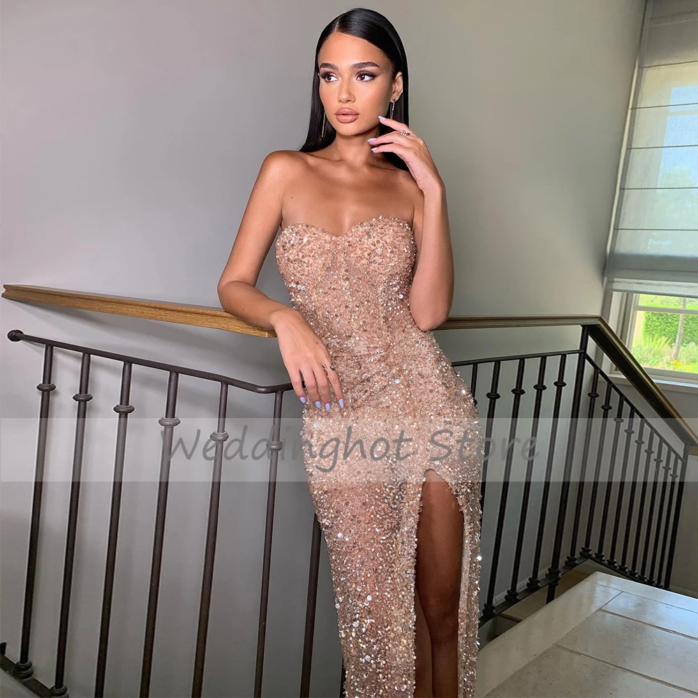 Women Prom Dresses Sweetheart Sleeveless Sexy Long Thigh Slit Backless Strapless