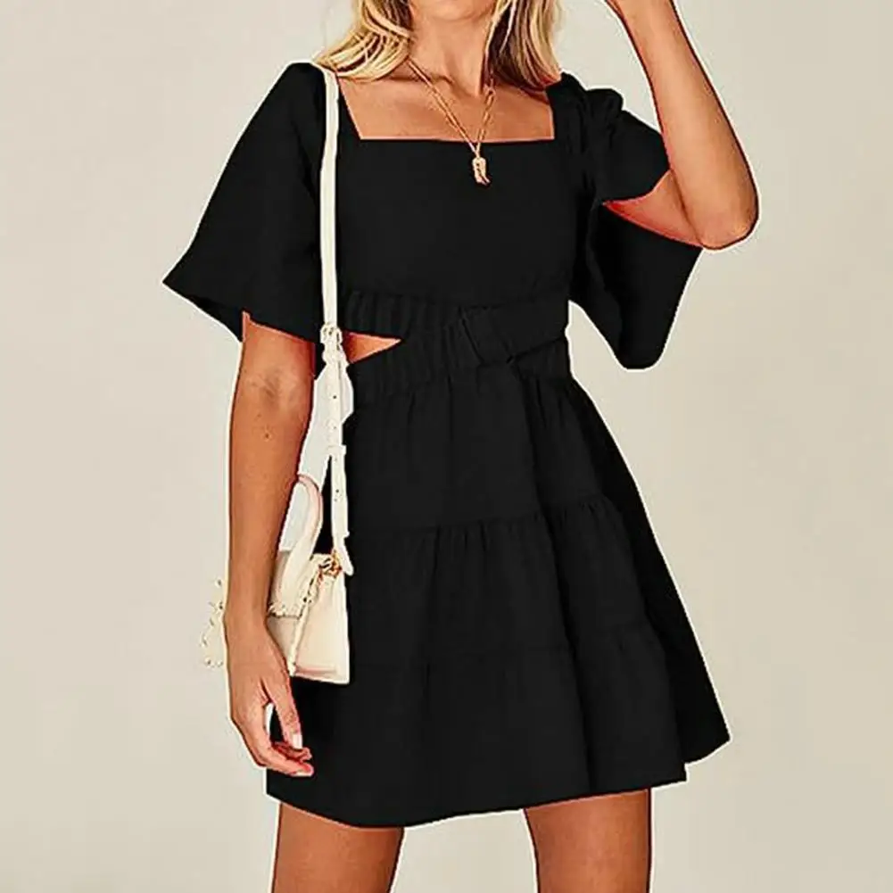 

Women Dress Hollow Out Waist Dress Stylish Women's Summer Dress Backless Knot Cross Hollow Out Waist A-line Loose Hem Square