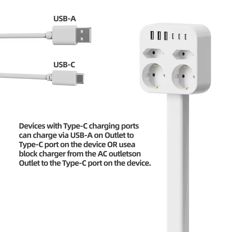 전원 콘센트 확장기 전원 소켓 확장기 2xAC 소켓 1xUSB A 1xUSB C 플러그 앤 플레이 180도 회전 가능 소파용 다용도