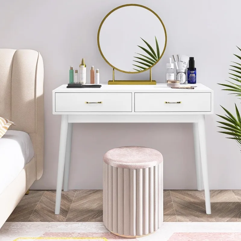 

White Small Desk with Drawers 40 Inch Home Office Study Writing Desk for Bedroom, Vanity Desk with 4 Solid Legs