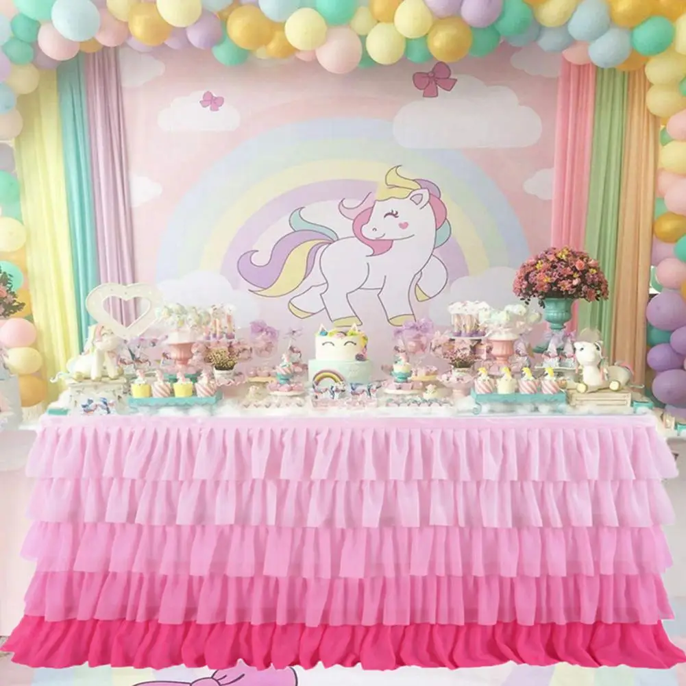 Cake Table Skirt Pleated Table Skirt Multi-layer Ruffle for Rectangle Round Tables Reusable Gradient Rainbow Color