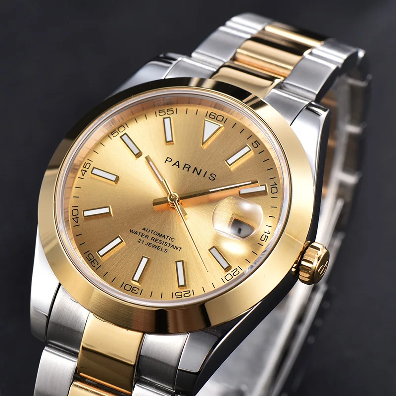 

Fashion Parnis 39.5mm Gold Men's Automatic Mechanical Watches Calendar Stainless Steel Men Sports Watch reloj hombre 2023 Gift
