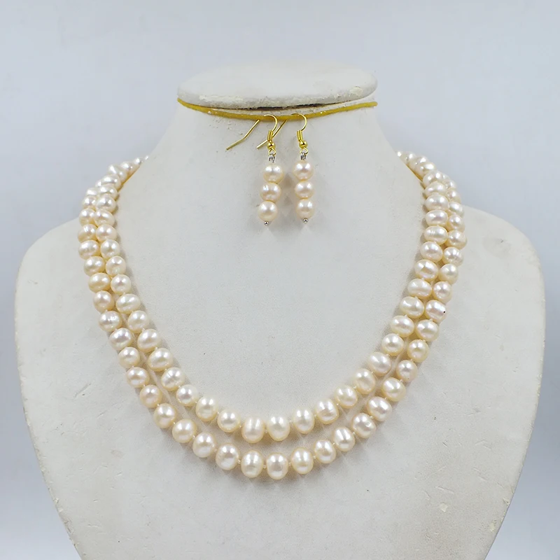 

2-row 8-9MM natural pink cultured freshwater pearl necklace/earring set. European women's wedding jewelry. 18-23 "