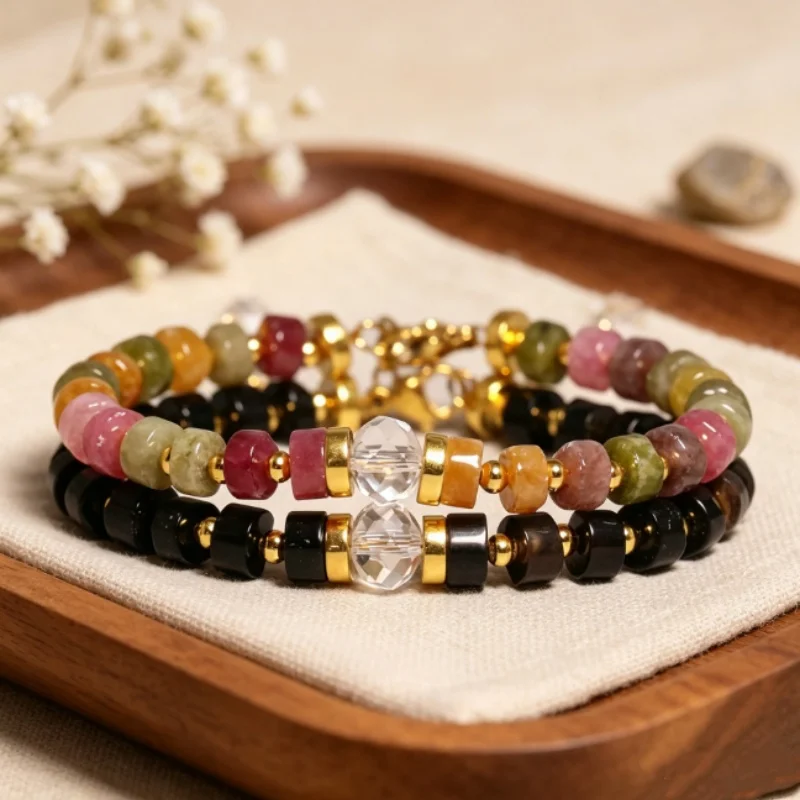 Elegant Natural Gemstone Rainbow Tourmaline Beaded Bracelet - Women's Collectible Gift