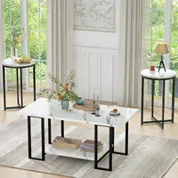 3 Pieces Living Room Table Set, Faux Marble Coffee Table with 2 Round End Side Tables, Coffee Table Set with Metal Frame 1