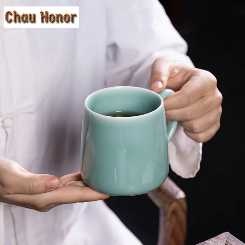 375ml Handmade Longquan Celadon Filter Tea Separator Cup Traditional Tea Mug with Infuser Tea Brewing Office Water Cup Ornaments