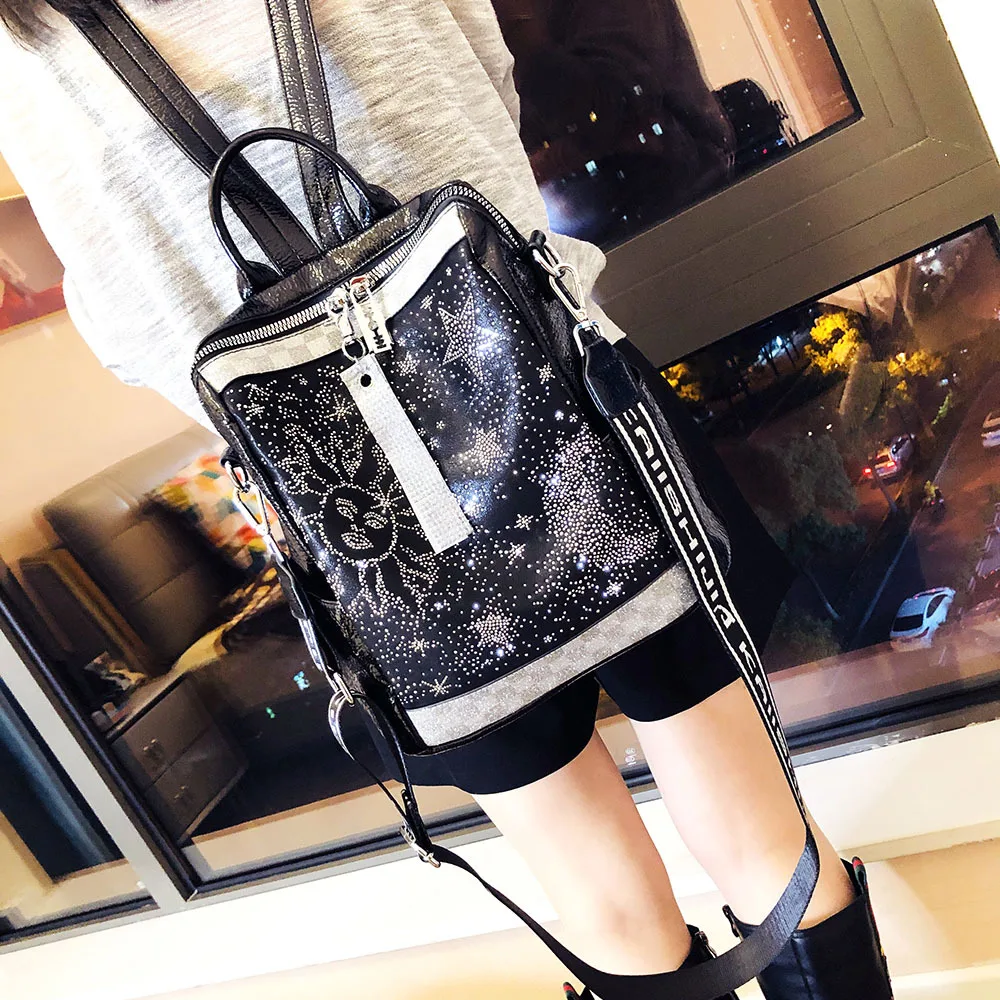 Luxury Brand Women Backpack Rhinestone Soft Leather School