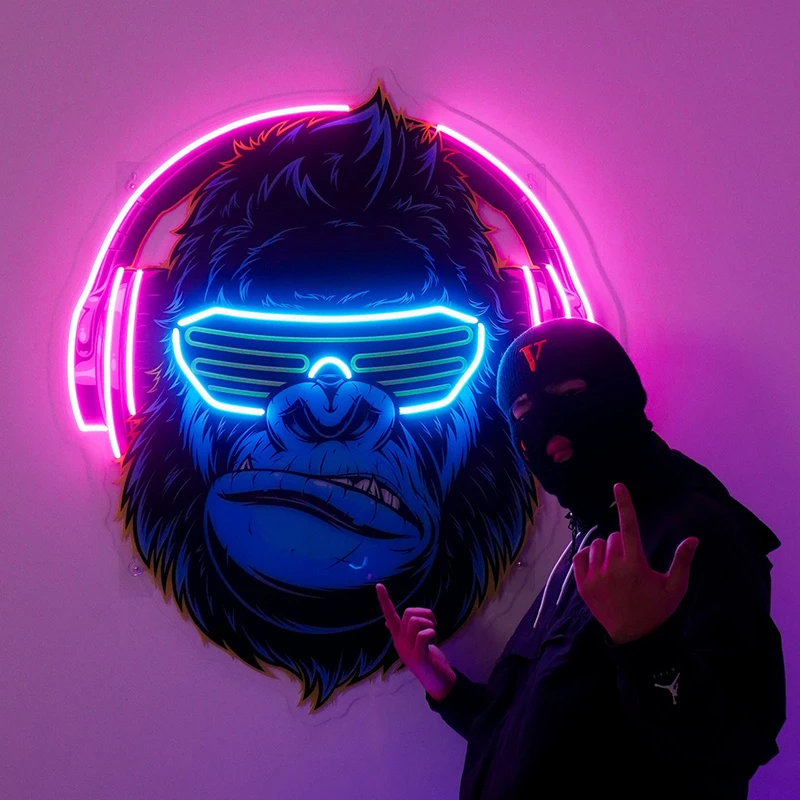 Gorilla with Headphones LED Neon Sign Handmade Custom Neon Signs for Living Room Bedroom Wall Decor Neon Lights Birthday Gifts