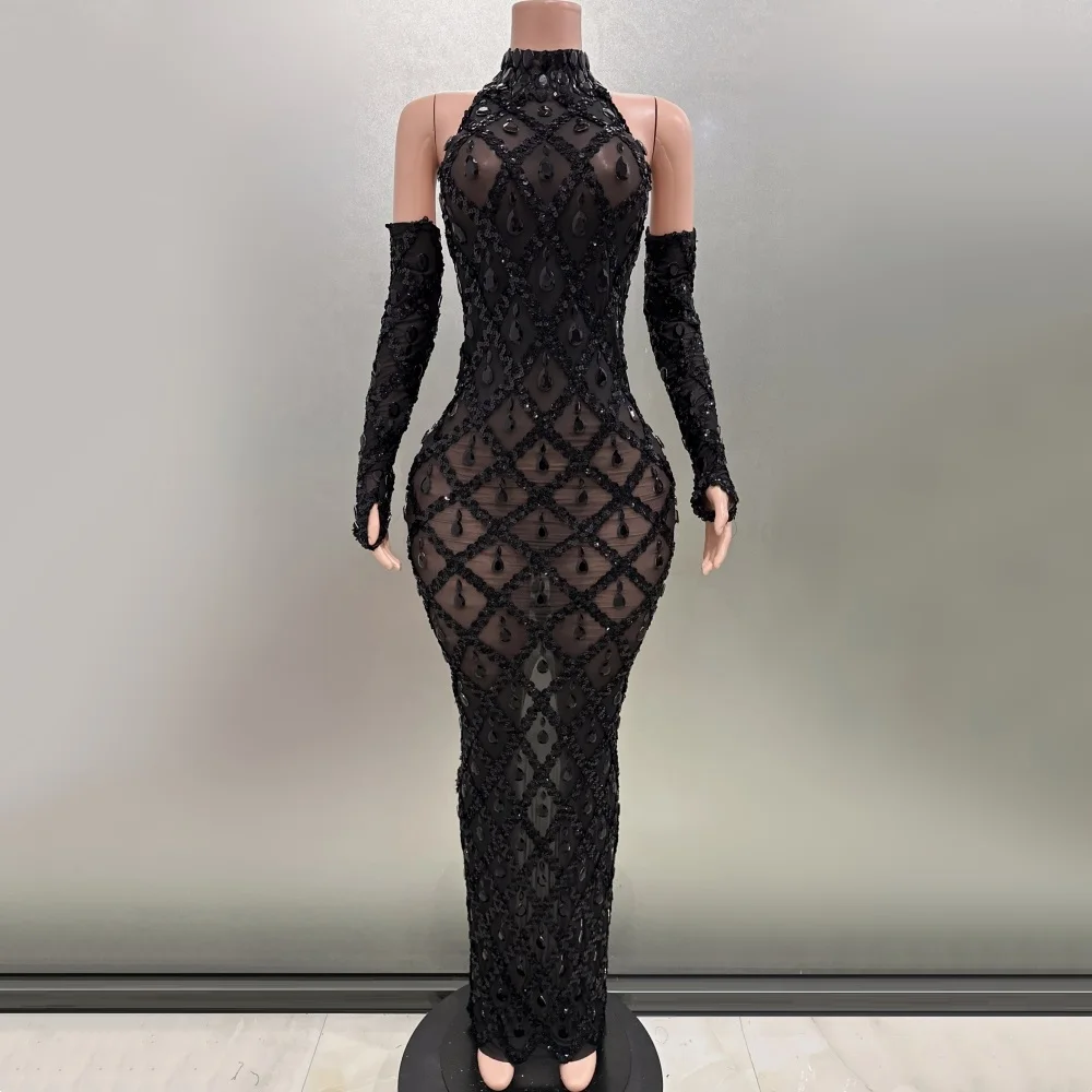 

Sexy See-Through Black Mesh Rhinestones Gloves Sheath Dress Evening Party Performance Costume Nightclub Singer Stage Wear