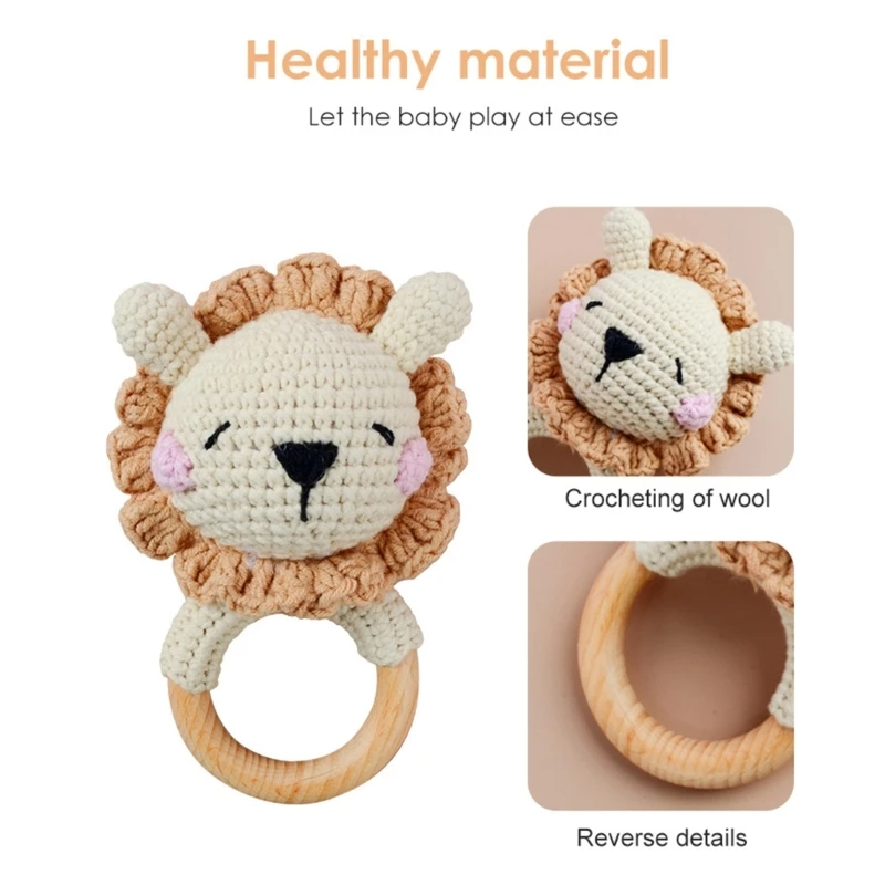 Handmade Crochet Cartoon Animal Baby Rattle Toys Safe Beech Wood Newborn Handhold Teething Ring Baby Gum Pain Relief Teether