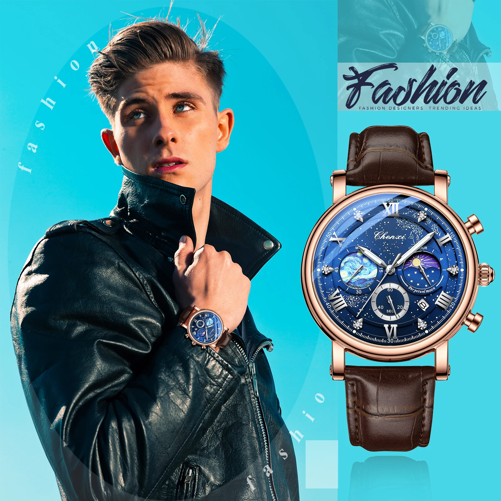 Men's quartz watch Leather strap waterproof watch Van Gogh Starry Sky decorated dial Chronograph Stopwatch Calendar available