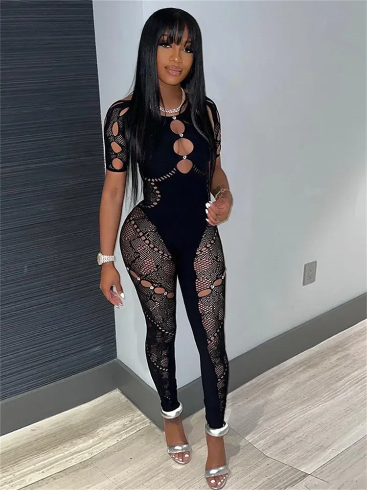 Summer Outfits Streetwear Jumpsuits Women Short Sleeve Bodycon Rompers Jumpsuit Skinny Pink Mesh See Though One-piece Overalls